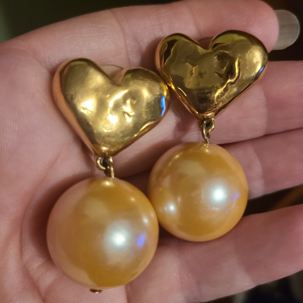 Rare Givenchy Gold Heart and Pearl Drop Earrings